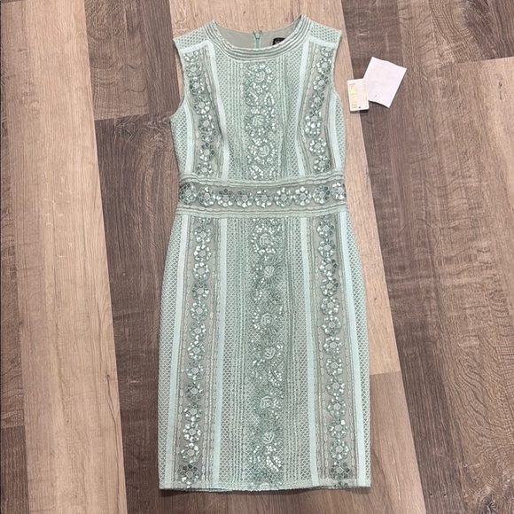 🍁☀️Tadashi Shoji Green Sheath Midi Dress Crew Neck Sleeveless - Picture 2 of 5